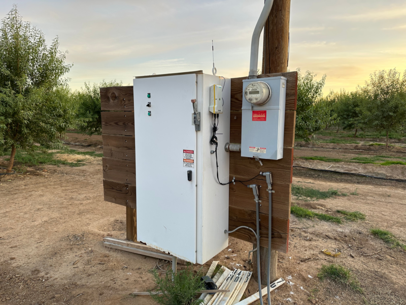 FarmHQ TC-3 device installed on an electric pumping station for an almond farm.