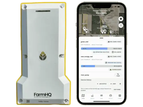 FarmHQ Device and app screenshot side-by-side.