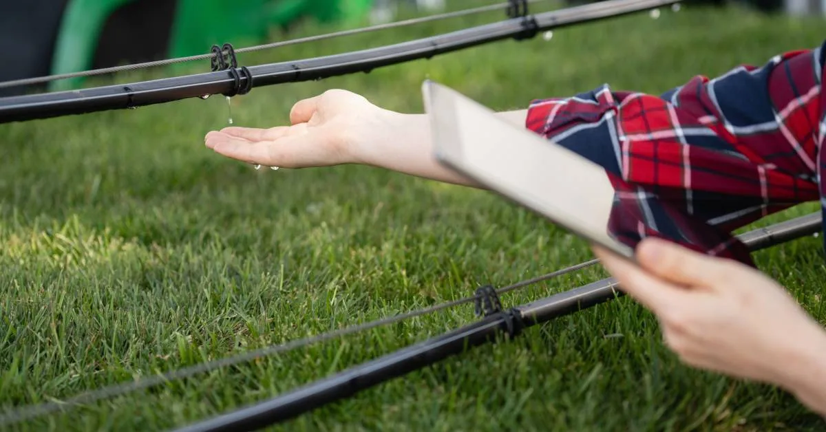 A close-up of a farmer reaching out to check the water from an irrigation hose. They're holding a tablet in the other hand.