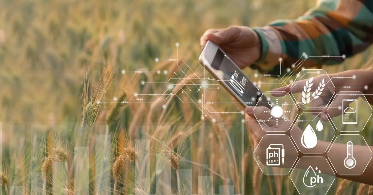 A close-up of two people holding a tablet displaying various IoT symbols. They are standing together in a wheat field. A close-up of two people holding a tablet displaying various IoT symbols. They are standing together in a wheat field.