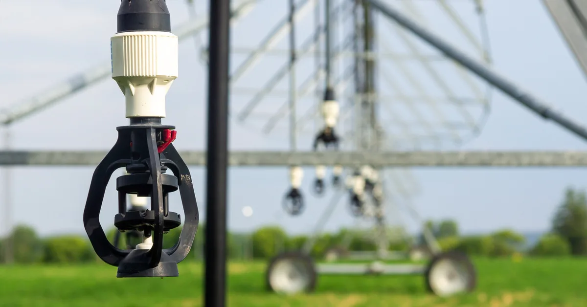 codafarmtechnologies-335084-irrigation-equipment-sprinkler-BlogBanner1 A close-up of a sprinkler head hanging from a piece of irrigation equipment in the middle of a green farm field.