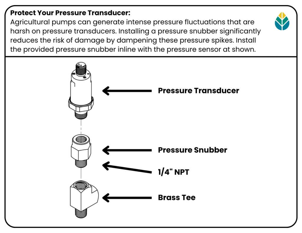 Pressure snubber installation schematic Image of the FarmHQ instruction manual showing how to install a pressure snubber to prevent damage to the pressure transducer.