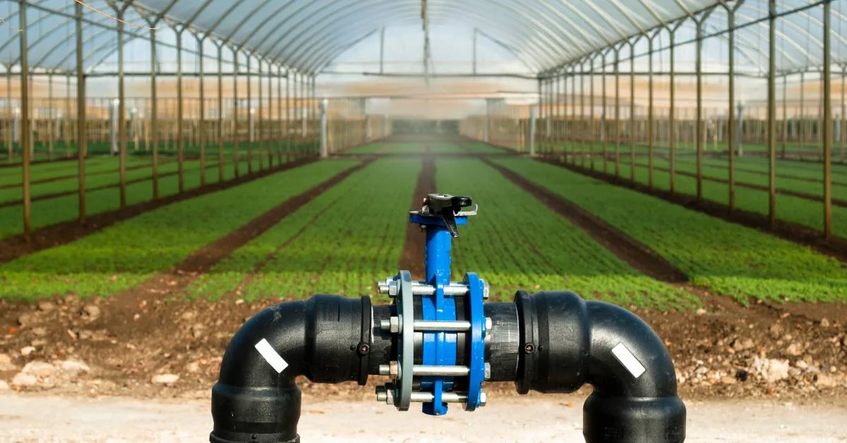 codafarmtechnologiesinc-335082-irrigation-pump-farm-BlogBanner1 A close-up of a black pipe connected by blue and gray components against a backdrop of rows of crops.