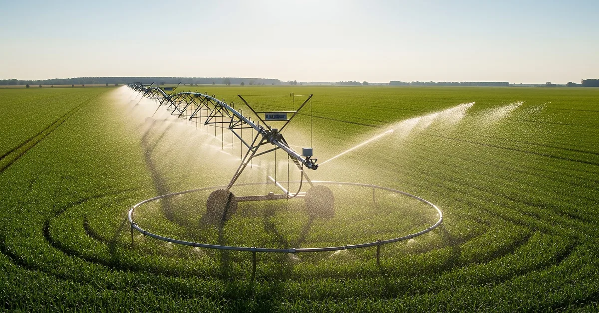 A massive smart irrigation system on a farm during the daytime. The system is spraying water over a huge field of crops.