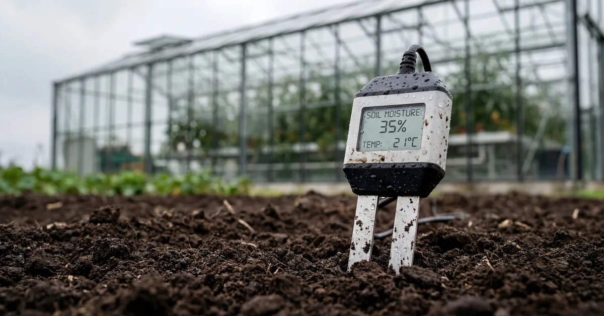 a digital soil moisture meter inserted into dark soil with a greenhouse and crop rows blurred in the background.