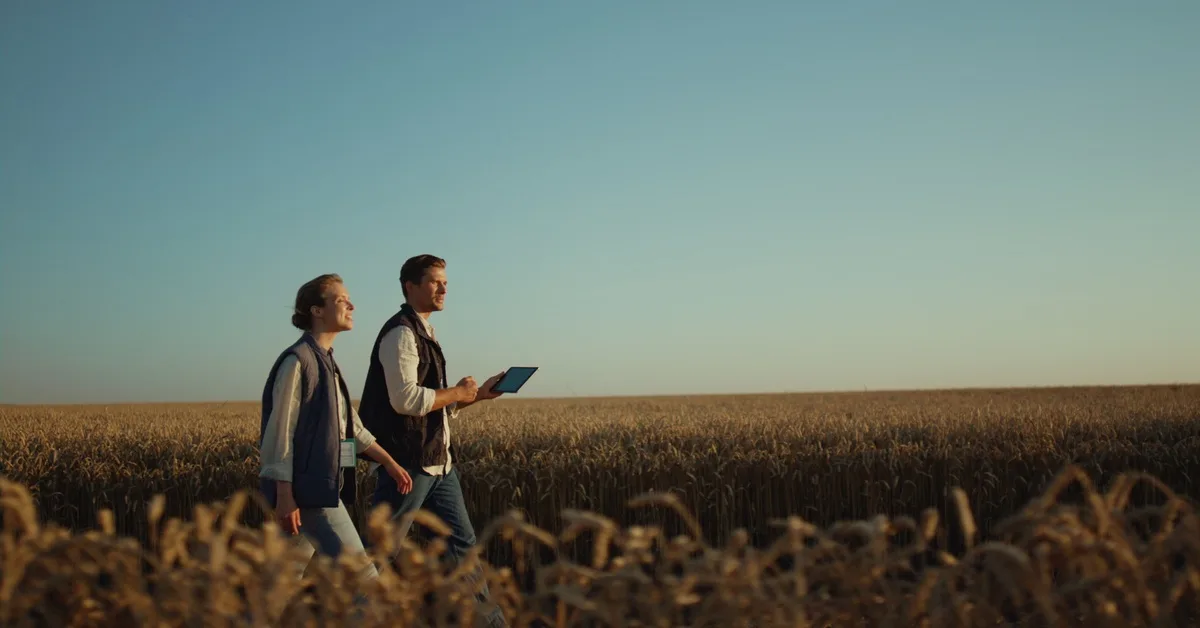 two people walking through a wheat field while one holds a tablet under a clear sky in warm sunlight.