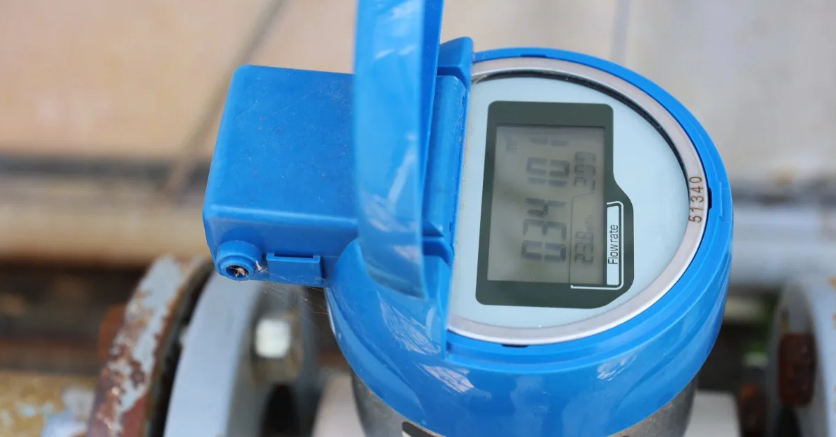 A blue digital water meter with an open cover displaying numbers beside rusted pipe fittings and metal hardware.